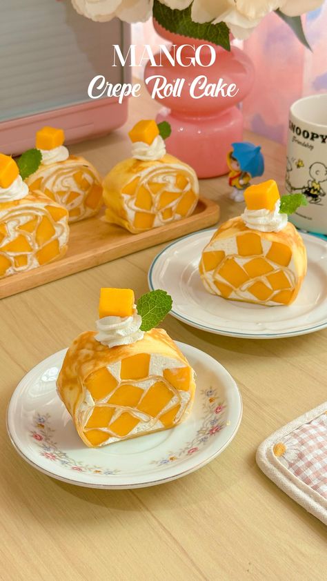 Joyシ (@pinklemonade.sunday) • Instagram photos and videos Mango Crepe Roll, Crepe Roll Cake, Mango Crepe, Nobake Dessert, Dessert Aesthetic, Towel Cake, Japanese Cake, Social Design, Whipping Cream