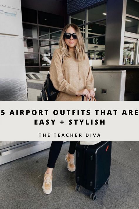 5 Airport Outfits That Are Easy + Stylish | The Teacher Diva: a Dallas Fashion Blog featuring Beauty Winter Airport Outfit Comfy, Airport Outfit Winter Plus Size, Casual Airport Outfit Comfy, Plus Size Airport Outfit Fall, European Airport Outfit, Airport Outfit Mid Size, Winter Plane Outfit, Fall Airport Outfit Comfy, Airport Outfit Plus Size Comfy