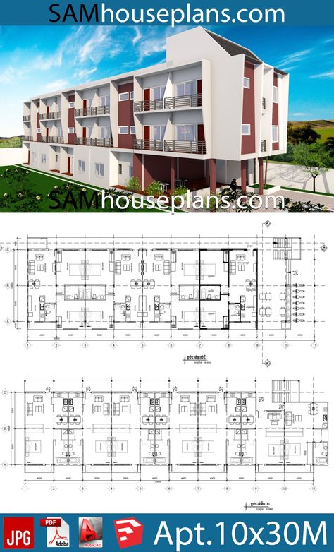 Apartment Plans 10x30 With 18 Units - Sam House Plans 402 Apartment House Plans, Small Apartment Plans, Studio Apartment Floor Plans, Hotel Floor Plan, Hotel Floor, Hotel Plan, Apartment Floor Plans, Architectural Floor Plans, Apartment House