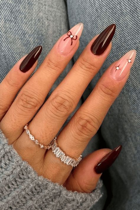 20 Fall Nails to Fall in Love With This Season Gel Extension Nails Design Fall, Brown Monochrome Nails, Nails For Thanksgiving Fall, Thanksgiving Nails Almond Shape, Thanksgiving Nails Almond, Fall Nails Simple Almond, Fall Plaid Nail Designs, Brown And Orange Nails, French Nails Fall