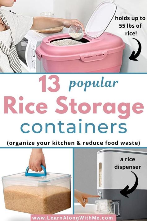 Rice Storage Containers - 13 popular options. If you're tired of having bags of rice on your kitchen floor, or a bunch of baggies of rice in your pantry, check out these 13 popular Rice storage containers to see if one will work for you.

Rice Containers come in a variety of sizes - from holding just a couple pounds of rice, up to 50 pounds of rice. (And of course even more for commercial uses.)
If you want some kitchen organization ideas, you can start by organizing your food staples like rice. Rice Storage Container Bulk, Rice Pantry Storage, Large Rice Storage Container, Rice Storage Ideas Kitchen Organization, Rice Organization, Rice Storage Ideas, Rice Dispenser Storage, Rice Container Storage, Rice Storage Container