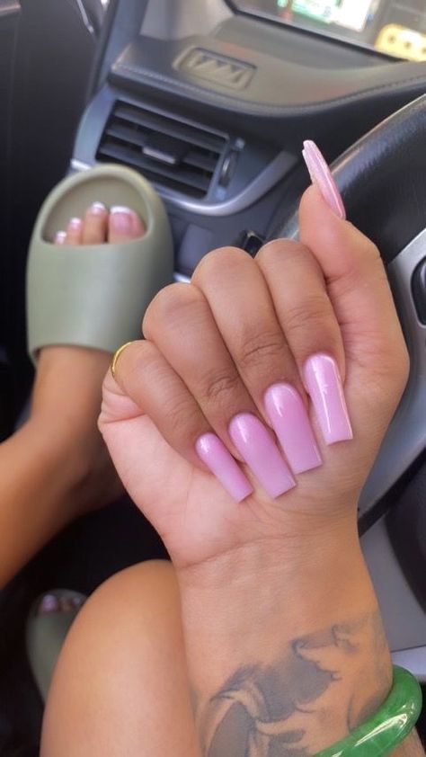 Pink Coffin Gel Nails, Light Pink Nails With Design Coffin, All Light Pink Nails, Square Pink Nails Long, Nails Acrylic Plane Color, Soft Pink Acrylic Nails Coffin, Light Pink Medium Square Nails, Medium Length Light Pink Nails, Medium Length Square Nails Summer