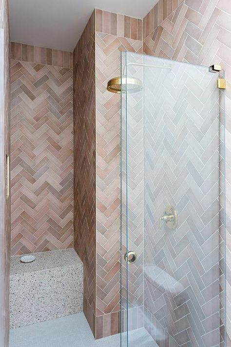 Pink Herringbone Tile Bathroom, Pink Herringbone Bathroom, Master Shower Herringbone Tile, Pink Herringbone Tiles, Turquoise Herringbone Tile Bathroom, Ombre Herringbone Tile, Herringbone Wall Tile, Herringbone Bathroom, Mosaic Shower Tile