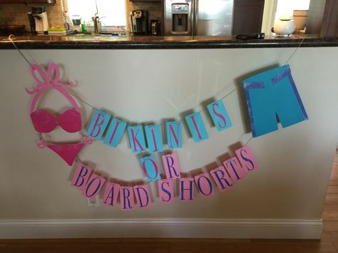 Gender reveal cricut banner board shorts or bikinis Pool Party Gender Reveal Ideas, Bobber Or Bows Gender Reveal, Fish Themed Gender Reveal Ideas, Bikinis Or Boardshorts Gender Reveal Decor, Gender Reveal Pool Party, Gender Reveal Pool Party Ideas, Gender Reveal Fishe Or Fishe, Mermaid Or Fisherman Gender Reveal, Baby Gender Reveal Announcement