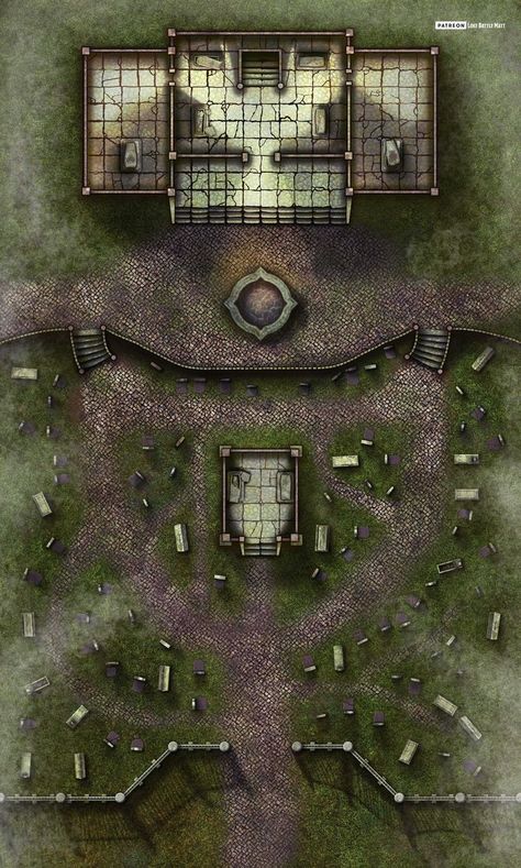 Haston Hill Cemetery, a mix of graveyard and grand mausoleum with stairs giving the option to add a full blown dungeon under the cemetery. #lokebattlemats #battlemap #battlemat #map #dnd #rpg #ttrpg #whfrp #pathfinder #dungeons #dragons #5e #fantasy #dungeon #graveyard #cemetery #tomb Ttrpg Map, Maps Rpg, Dnd Locations, Fantasy Dungeon, Call Of Cthulhu Rpg, Dragons 5e, Dnd World Map, Dungeon Tiles, Tabletop Rpg Maps