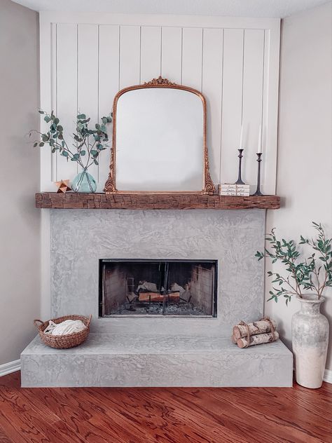 Vertical Shiplap Mantle, Vertical Shiplap Fireplace, Shiplap Mantle, Cement Fireplace, Candle Mantle Decor, Mantle Candles, Vertical Shiplap, Brick Fireplace Makeover, Fireplace Mantle Decor