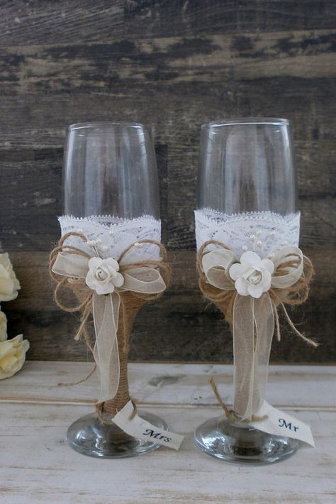 Wedding Glasses Toasting Flutes Champagne Glasses Burlap and Lace Glasses Rustic… Champagne Wedding Reception, Rustic Wedding Glasses, Wedding Toasting Glasses, Reception Bride, Bride And Groom Glasses, Wedding Wine Glasses, Wedding Champagne Glasses, Wedding Flutes, Burlap And Lace