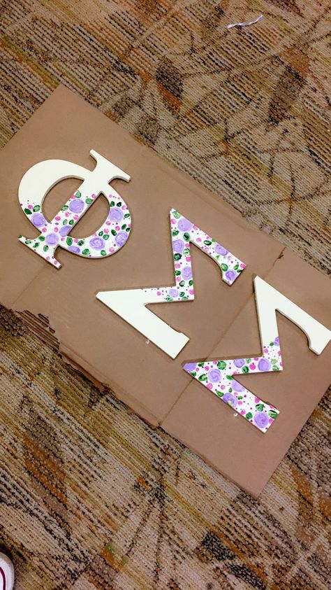 Big Greek Letters Painted, Tri Sigma Letters, Sorority Letters Painted Ideas, Sorority Letter Painting, Decorated Sorority Letters, Sorority Letters Painted Wooden, Sorority Painted Letters, Painted Sorority Letters, Phi Sigma Sigma Letters