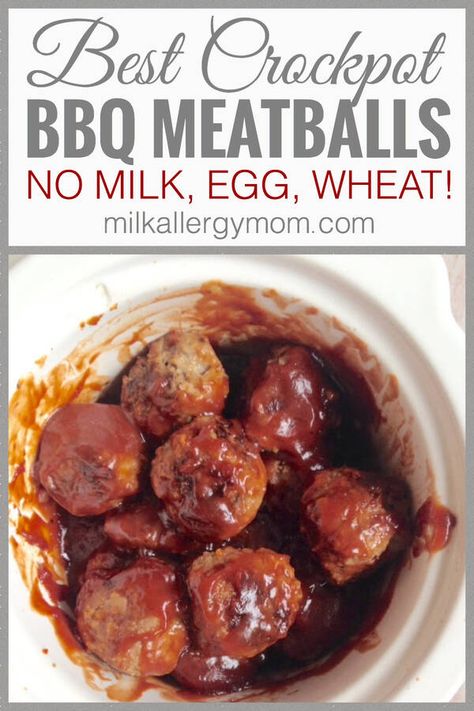 BBQ Meatballs Dairy Egg Free Milk Allergy Recipes, Best Crockpot Meatballs, Dairy Free Meatballs, Egg Free Meatballs, Milk Allergy Mom, Barbecue Meatballs, Crockpot Meatballs, Dairy Free Appetizers, Gluten Free Bbq