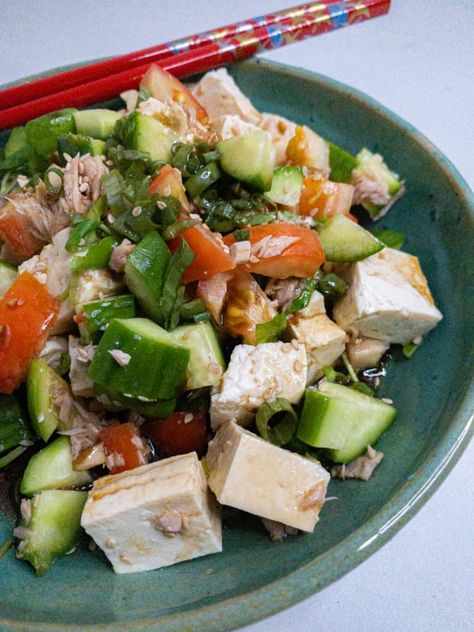 Tofu Salad - She's Almost Always Hungry Tuna Salad Dressing, Tofu Salad Dressing, Tofu Salad Recipes, Tofu Salad, Hawaiian Recipes, Tuna Salad Recipe, Firm Tofu, Onion Salad, Cold Salad