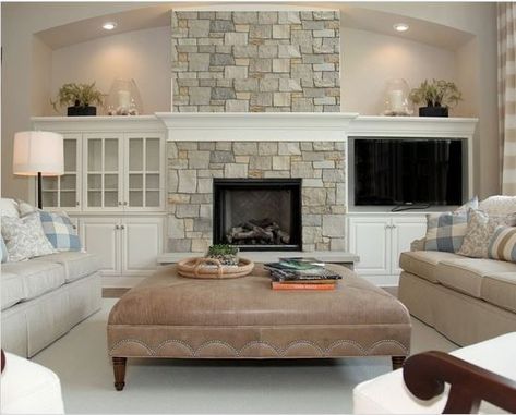 I really like the built ins around this fireplace. It is simple and clean looking. Manchester Tan, Built In Around Fireplace, Traditional Design Living Room, Fireplace Built Ins, Transitional Living, Transitional Living Rooms, Traditional Living, Fireplace Makeover, Built In Cabinets