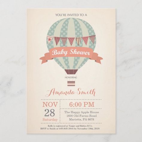 Hot Air Balloon Baby Shower Invitation Mint Baby Shower, Travel Baby Showers, Boho Baby Shower Invitations, Pink Baby Shower Invitations, Baby Shower Invitaciones, Invitation Pink, Diaper Raffle Tickets, Wedding Pins, Boho Baby Shower