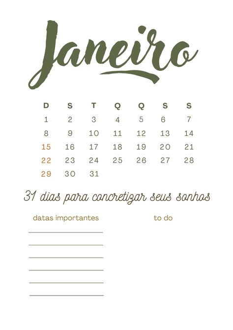 Calendário do mês de janeiro para imprimir/baixar, planner