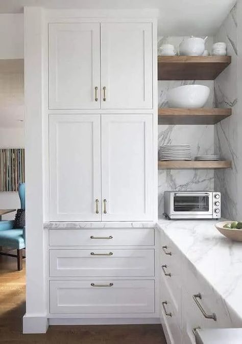 4. Open Shelving Corner Kitchen Cabinet Model Dapur, Corner Kitchen Cabinet, Kabinet Dapur, Kitchen Corner, Marble Counter, Island Kitchen, Kitchen Remodeling Projects, Cabinets Kitchen, Kitchen Redo