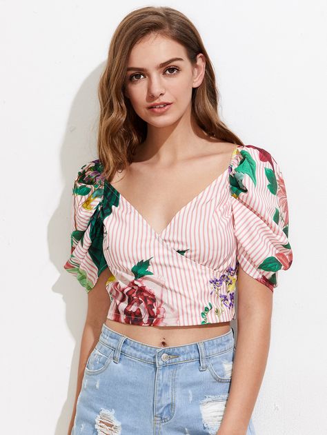 Crop Top Outfits, Mixing Prints, Blouse Design, Print Top, Moda Fashion, Printed Blouse, Moda Casual, Print Tops, Short Outfits