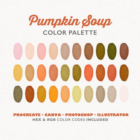 Pumpkin Soup, Halloween Color Palette Let's go crazy with these 30 handpicked colors. Just give it a try!  You will get the color palette files which are ready for instant download and use in the Procreate app, Canva, Photoshop and Illustrator. THIS LISTING IS FOR A DIGITAL DOWNLOAD ONLY. NO PHYSICAL PRODUCT WILL BE SHIPPED. -- WHAT WILL YOU GET -- * Procreate Color Palette including 30 colors  ( .swatches file compatible with the Procreate) * Photoshop & Illustrator swatches including 30 colors Halloween Procreate Palette, Unique Fall Color Palette, Rustic Fall Color Palette, Halloween Colour Palette, Spooky Color Palette, Fall Winter Color Palette, October Color Palette, Soup Halloween, Color Palette Canva