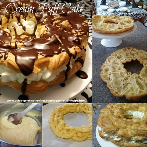 Cream Puff Cake -- easy enough for little kids to help you. http://www.quick-german-recipes.com/cream-puff-recipe.html Eclair Recipes, Fruit Whipped Cream, Cream Puffs Recipe Easy, Cream Puff Cake, Cream Puffs Easy, Puff Cake, German Dessert, Desserts Easy Quick, Cream Puff Cakes