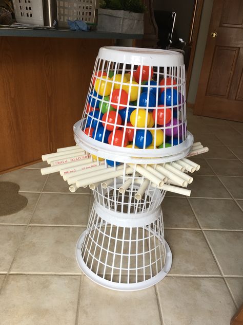 Giant Kerplunk game made from dollar store laundry baskets 1/2” pvc and ball pit balls Store Laundry Baskets, Giant Kerplunk, Kerplunk Game, Games Outdoor, Youth Games, Laundry Baskets, Yard Games, Backyard Games, Carnival Games