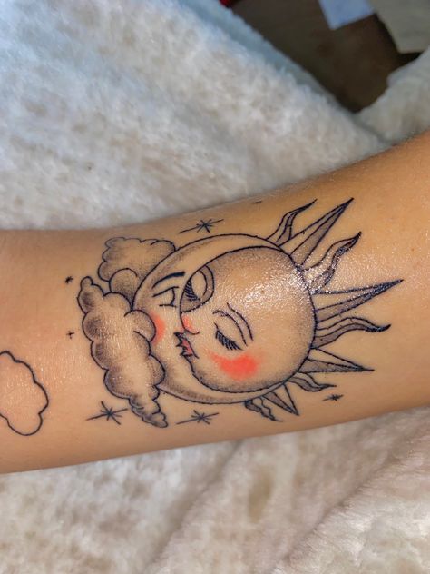 Fine line sun and moon kissing tattoo with clouds pink blush and lips black lines light shading with stars around Kiss The Sky Tattoo, Sun Moon Stars Clouds Tattoo, Sun And Moon Kissing Tattoo, Sun And Cloud Tattoo, Tattoo Of Sun, Sun And Moon Kissing, Kissing Tattoo, Sky Tattoos, Moon Sun Tattoo