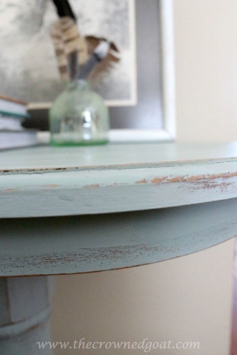 Annie Sloan Duck Egg Blue Furniture, Painted Entry Table, Duck Egg Blue Annie Sloan, Duck Egg Blue Furniture, Annie Sloan Duck Egg Blue, Blue Side Table, Distressed Table, Blue Chalk Paint, Painting Wooden Furniture