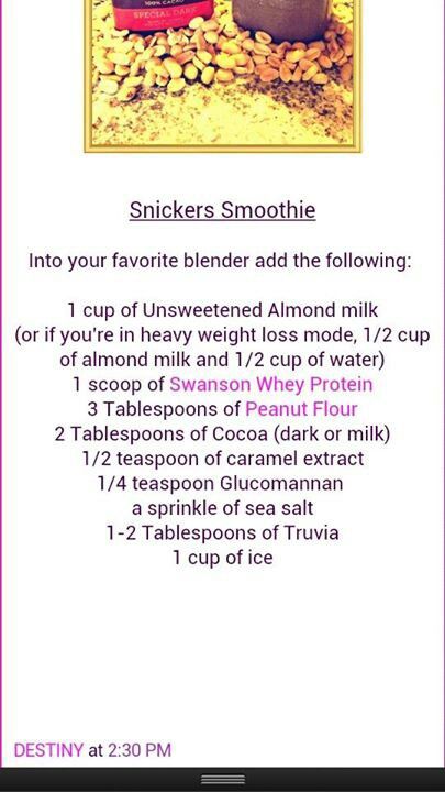 Snickers smoothie Snickers Drink, Snickers Smoothie, Trim Healthy Recipes, Trim Healthy Mama Plan, Trim Healthy Momma, Peanut Flour, Trim Healthy Mama Recipes, Thm Desserts, Mama Recipe