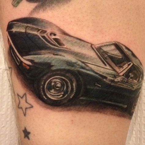 I'm not really a fan of corvette s, but my dad is, so I would get this for him (I would get his car though Corvette Tattoo, Dad Memorial Tattoo, Cards Aesthetic, Truck Tattoo, Corvette C3, Tattoo Ideas For Men, Car Tattoos, Arabic Tattoo, Tattoo Aftercare