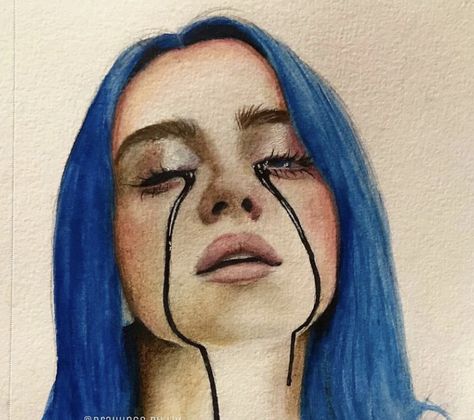 Watercolor Art Billie Eilish, Billie Eilish Sketchbook, Billie Eilish Sketch Easy, Billie Eilish Watercolor, Billie Eilish Painting, Billie Drawing, Watercolour Face, Pencil Creative, Posca Art