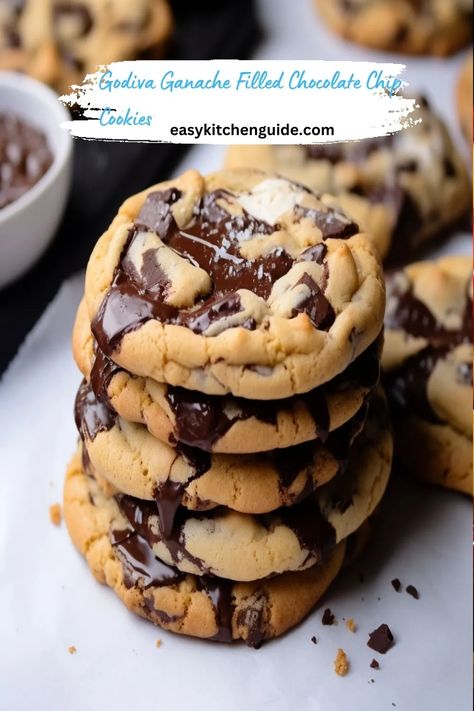 Godiva Ganache Filled Chocolate Chip Cookies Ganache Filled Cookies, Filled Chocolate Chip Cookies, Godiva Chocolate, Kiss Cookies, Ganache Recipe, Filled Cookies, Chocolate Chip Recipes, Best Chocolate Chip Cookie, Yummy Desserts