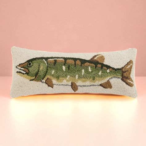 Love a good pike…. 🤣 Fish Shaped Pillow, Rustic Bedding Sets, Pike Fish, Hook Pillow, Northern Pike, Fish Pillow, Hooked Pillow, Hooked Wool, Rustic Bedding