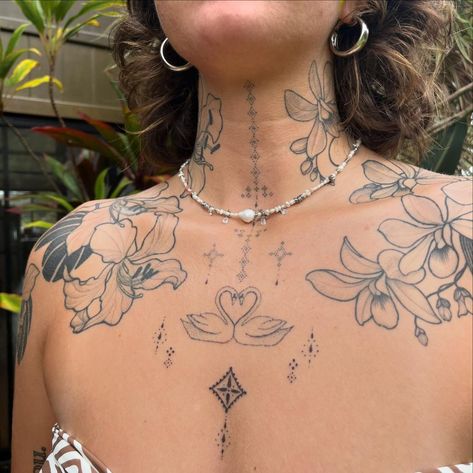 Dylan | Added onto this piece we started last year 🕊️ on sweet Taylor @inktherapy__ | Instagram Chest Tattoo Placement Female, Women's Chest Piece Tattoo, Chest Pieces For Women, Back Tattoo Women Patchwork, Center Of Chest Tattoo Female, Pretty Chest Tattoo Female, Body Contouring Tattoo, Patchwork Chest Tattoo, Chest Tattoos For Women Upper