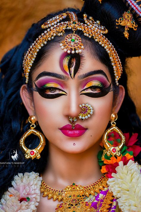 #Conceptual #Makeup #Hairstyle #Beauty #Goddess #Devine #Mythological #Durga #Adishakti Navaratri Devi Makeup, Agomoni Makeup Look, Shiv Parvati Makeup Look, Durga Maa Makeup Look, Fantasy Makeup Goddesses, Durga Goddess Beautiful, Durga Makeup Look, Goddess Eyes, Conceptual Makeup