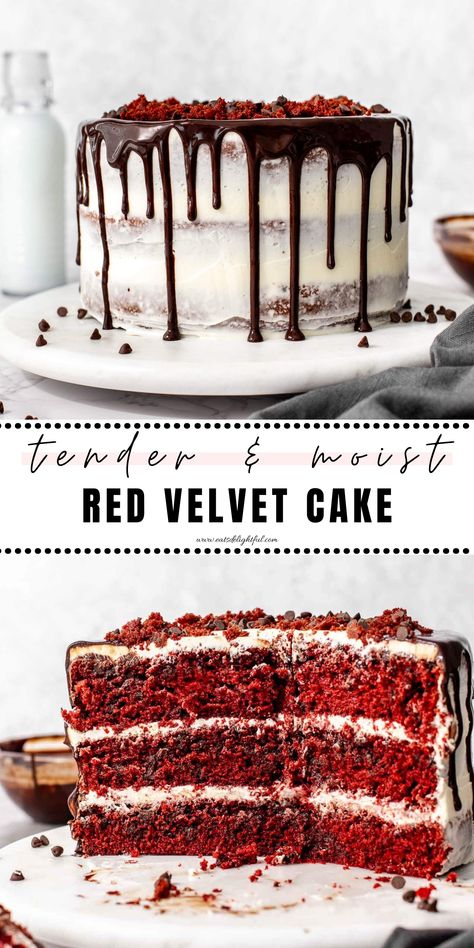 2 stacked images of red velvet cake: top image of decorated cake on cake stand and bottom image of sliced cake on cake stand Red Velvet Cake Chocolate Chips, Red Velvet With Chocolate Chips, Pretty Red Velvet Cake, Red Velvet Layered Cake, Red Velvet Chocolate Chip Cake, Red Velvet Coffee Cake, Red Velvet Cake With Chocolate Chips, Red Velvet Cake Filling Ideas, Redvelvet Cake Decoration