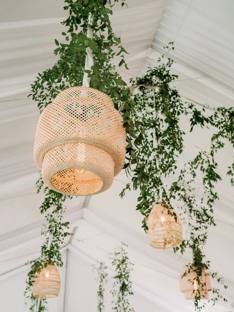 Rattan Chandeliers With Ivy Greenery Hanging From Tent Ceiling at Reception Tent Ceiling, Reception Place Settings, Greenery Runner, Duke Gardens, Autumn Reception, Chandelier Wedding, Bohemian Weddings, Wood Cocktail Table, Autumnal Wedding