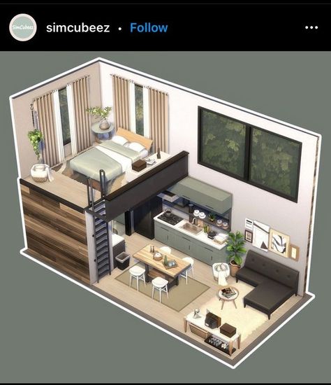 Loft The Sims 4, Sims Loft House, Two Tiny Houses Connected, Simsy4 House, Bloxburg Loft House, Sims 4 Interior Design Ideas, Sims 4 Tiny House, Sims 4 Loft, Sims Rooms