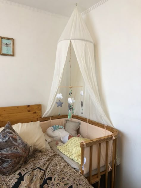 Newborn Nook In Bedroom, Newborn Corner In Bedroom, Crib Attached To Bed, Next To Me Crib Set Up, Bedroom With A Crib Master, Newborn Nursery In Parents Room, Bedside Crib Ideas, Shared Room With Newborn, Newborn In Bedroom