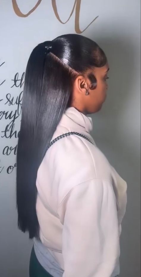 High Half Up Hairstyles, Half Up Half Down Sleek Ponytail, Low Pony Half Up Half Down, Half Up Half Down Mid Ponytail, Half Up Half Down Install, Half Up Half Down Hair Straight, Low Half Up Half Down Hair Black Women, 90's Hairstyle, Thanksgiving Hairstyles