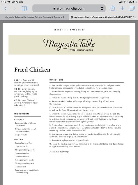 Magnolia Fried Chicken, Joanna Gaines Fried Chicken Recipe, Magnolia Table Fried Chicken, Joanna Gaines Fried Chicken, Jojo Gaines, Jo Gaines, Magnolia Table Recipes, Joanna Gaines Recipes, Summertime Food