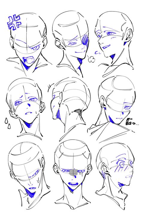 Head Up Looking Down Reference, Expressive Art Reference, Head Profile Reference Drawing, Hair Anotamy, Head Poses Sketch, Manga Facial Expressions Reference, Upturned Head Reference, Head Drawing Study, Head To Shoulder Poses