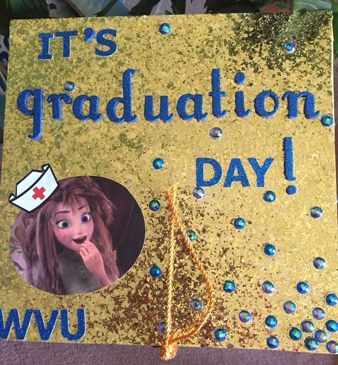 Graduation cap #disney #frozen #nursing #cap Frozen Graduation Cap Ideas, Frozen Graduation Cap, Disney Theme Graduation Cap, Graduation Cap Designs Up Disney, Disney Inspired Grad Caps, Disney Grad Caps, Disney College Program Graduation Cap, Disney Graduation Cap, Disney Graduation