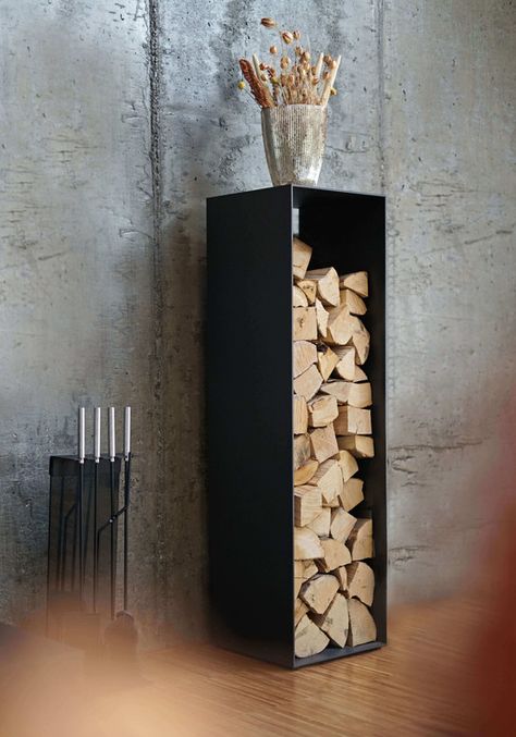 Modern Fireplace Wood Storage, Vertical Log Storage Living Room, Interior Log Storage, Wood Storage Indoor, Metal Firewood Storage Indoor, Indoor Wood Holder For Fireplace, Fireplace Wood Holder, Indoor Log Holder, Mountain Apartment