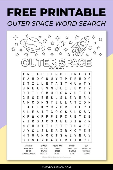 Free printable outer space word search Space Word Search, Outer Space Activities, Space Printables, Outer Space Crafts, Planets Activities, Space Activities For Kids, Art Books For Kids, Fun Activity For Kids, School Age Activities