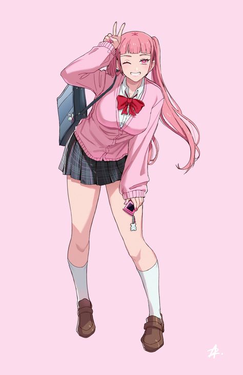 Hilda Fire Emblem, Hilda Valentine Goneril, Red Bow Tie, Plaid Outfits, Pink Cardigan, Pink Eyes, Simple Backgrounds, Gray Skirt, Red Bow