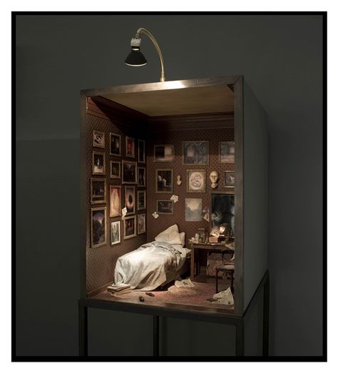 Charles Matton~ A Romantic Collector's Bedroom. Image via All Arts visual © Charles Matton. Shadow Box Art, Miniature Rooms, Miniature Houses, Assemblage Art, Room Box, Small Room, Shadow Boxes, Model Making, Bedroom Art