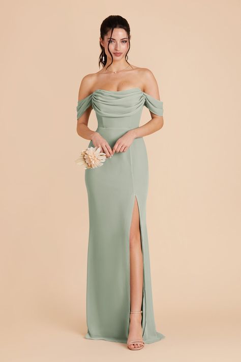 Mira Sage Chiffon Bridesmaid Dress | Birdy Grey Sage Green Dresses Bridesmaid, Fancy Bridesmaid Dresses, Birdy Grey Bridesmaid Dresses, Cowl Neck Gown, Sage Bridesmaid Dress, Bridesmaid Stuff, Fairy Tale Romance, Beach Bridesmaids, Bridesmaid Dress Chiffon