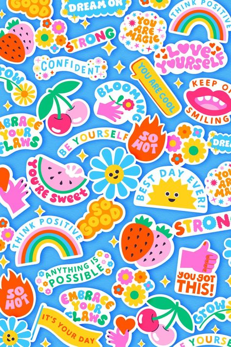 image featuring colourful, randomly placed stickers, some overlapping on a blue background Iphone Wallpaper Summer, Frida Art, Wallpaper Summer, Wallpaper Iphone Summer, Stickers Design, Iphone Wallpaper Images, Sticker Designs, Self Empowerment, Kids Stickers