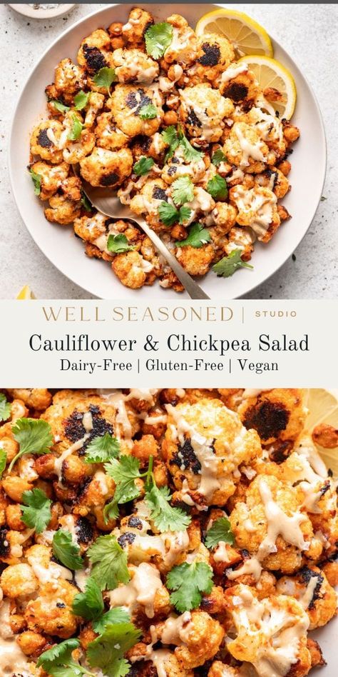 Roasted Cauliflower Salad with Chickpeas & Tahini Salad With Chickpeas, Roasted Cauliflower Salad, Roasted Cauliflower Recipes, Honey Mustard Vinaigrette, Lemon Tahini Dressing, Yummy Salads, Vegan Salads, Vegetarian Sandwich, Cauliflower Salad