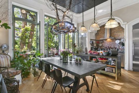 10 Cool Houses For Sale - Unique Homes Bar Height Kitchen Table, Brownstone Interiors, Brownstone Homes, Steel Chandelier, Kitchen Table And Chairs, Brooklyn Brownstone, Earthship, Home Decor Color, Bar Height