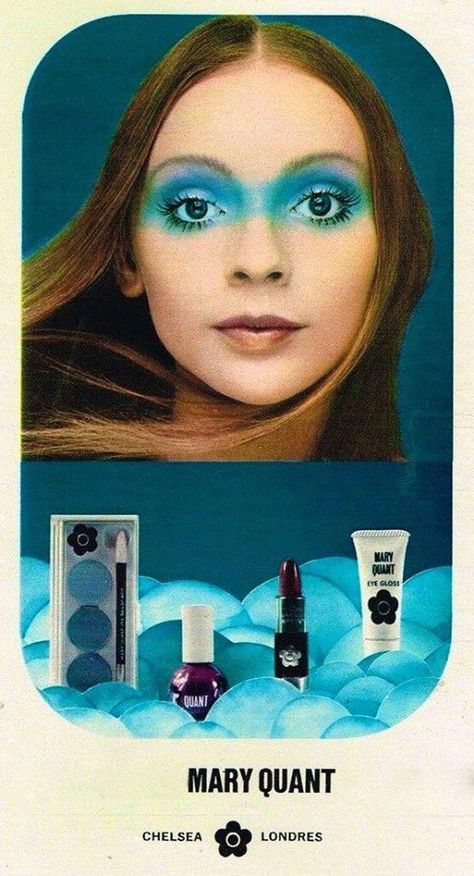 Mary Quant 1960s | #beauty #vintage #advertisement | #socialmedia | www.notjustpowder.com 1970s Makeup, Cosmetics Ads, Vintage Makeup Ads, Vintage Beauty Ads, 60s Makeup, Makeup Advertisement, Blue Eyeshadow Looks, 70s Makeup, Makeup Ads