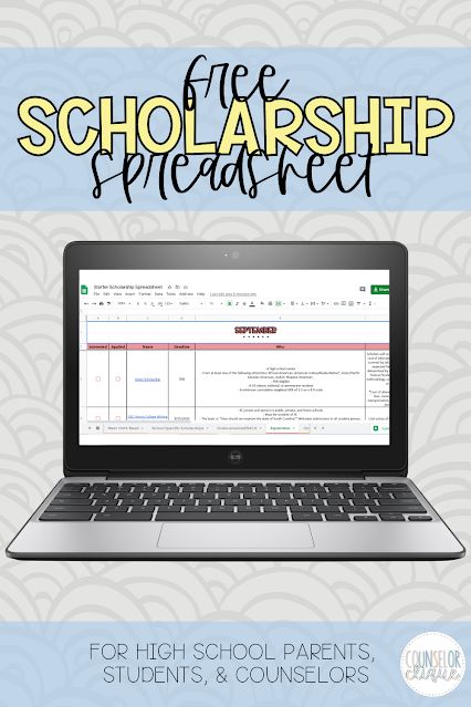 How to Stay Organized and Motivated with a Scholarship Spreadsheet - Counselor Clique College Scholarship Spreadsheet, Scholarship Spreadsheet, Scholarship Organization, High School Scholarships, How To Stay Organized, School Scholarship, Financial Aid For College, School List, College Application