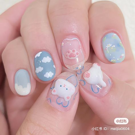 Nail Art Blue Pastel, Pastel Nail Art, Pink Nail Art Designs, Bunny Nails, Gel Nail Art Designs, Cute Simple Nails, Nail Logo, Beauty Nails Design, Grunge Nails